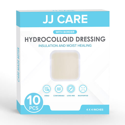 JJ CARE Hydrocolloid Dressing (Pack 10) - 4x4 Hydrocolloid Bandages with Border